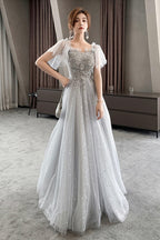Gray Tulle Lace Long Prom Dress A-Line Prom Dress