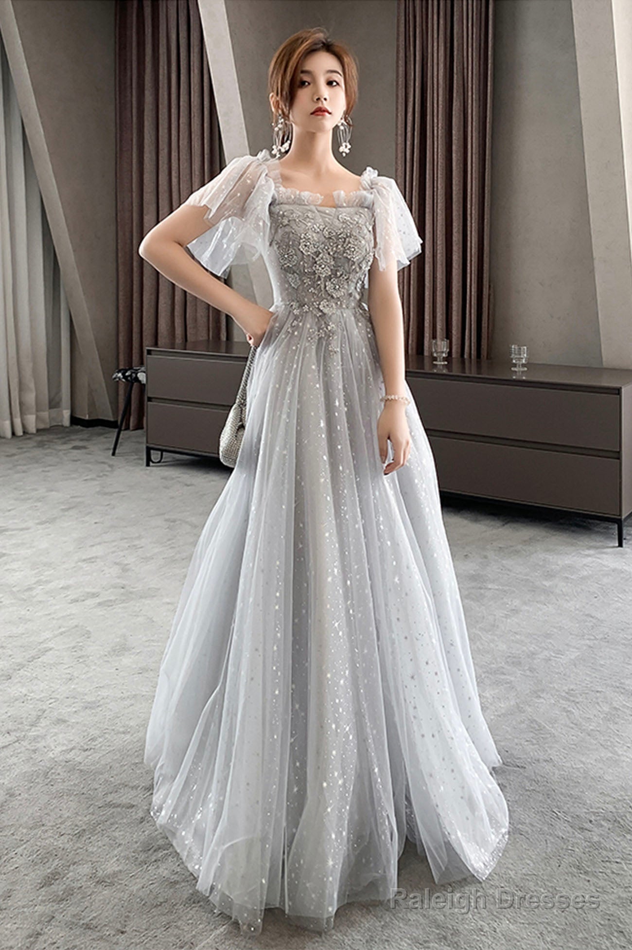 Gray Tulle Lace Long Prom Dress A-Line Prom Dress
