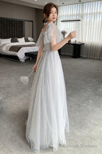 Gray Tulle Lace Long Prom Dress A-Line Prom Dress