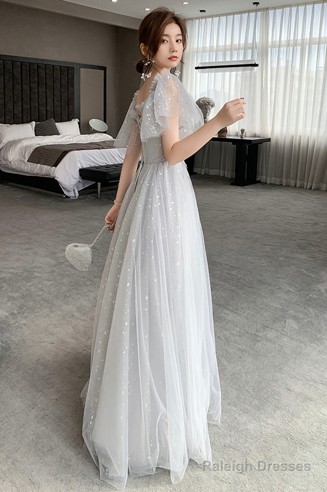 Gray Tulle Lace Long Prom Dress A-Line Prom Dress
