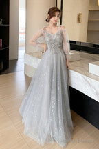 Gray Tulle Lace Long Prom Dresses, A-Line Evening Dresses