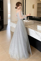 Gray Tulle Lace Long Prom Dresses, A-Line Evening Dresses