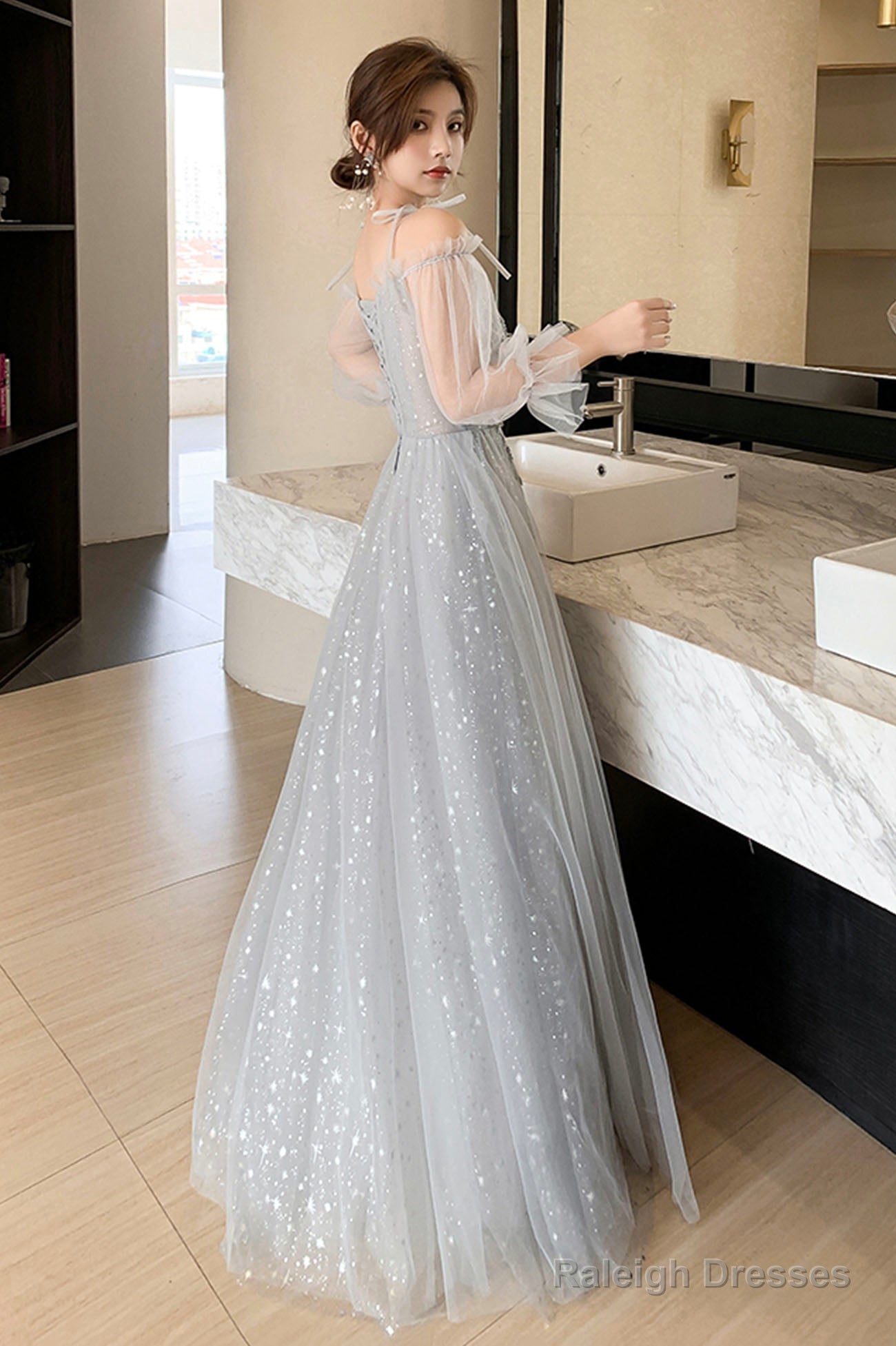 Gray Tulle Lace Long Prom Dress A-Line Prom Dress