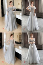 Gray Tulle Lace Long Prom Dresses, A-Line Evening Dresses