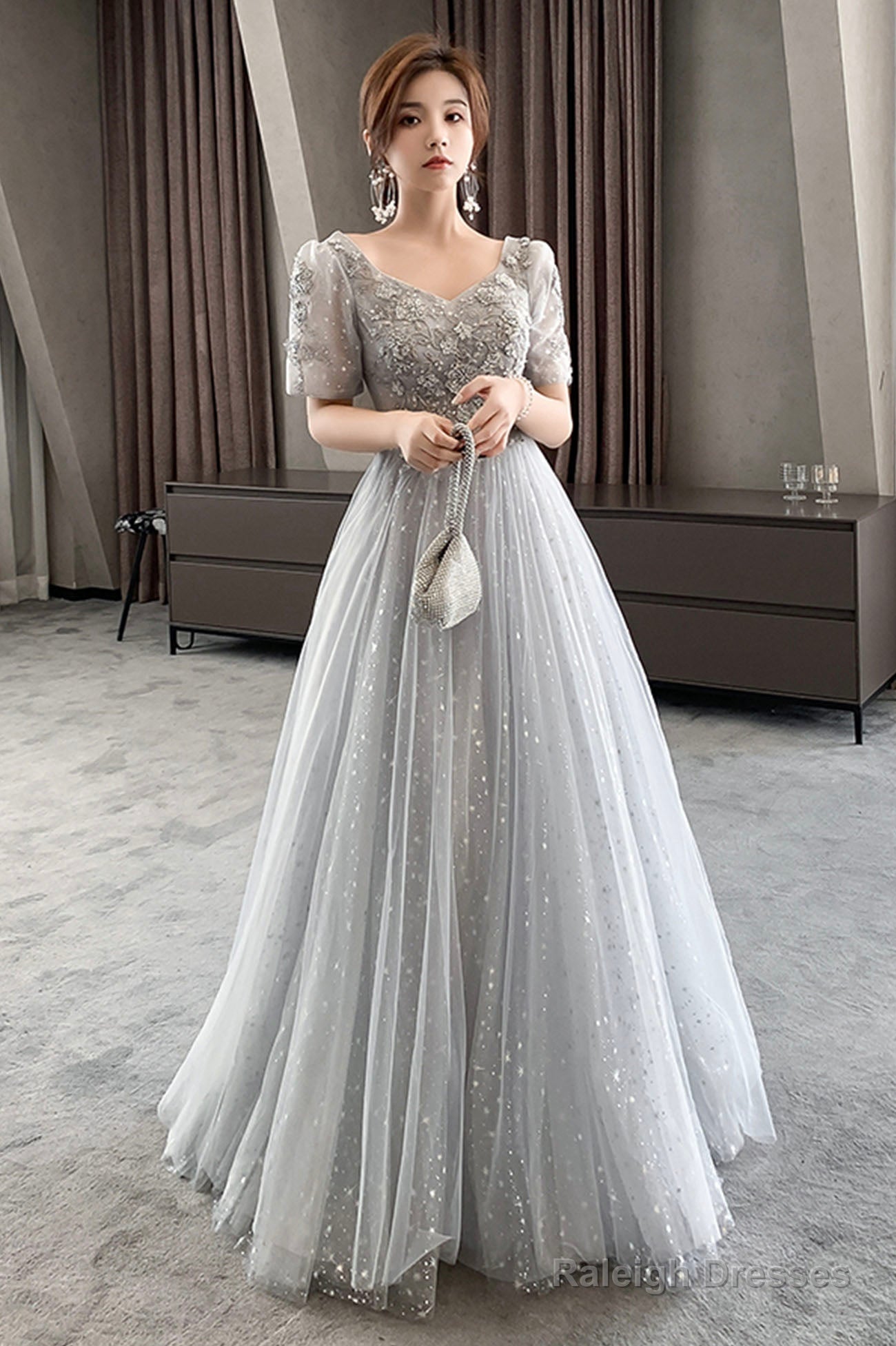 Gray Tulle Lace Long Prom Dresses, A-Line Evening Dresses Main image