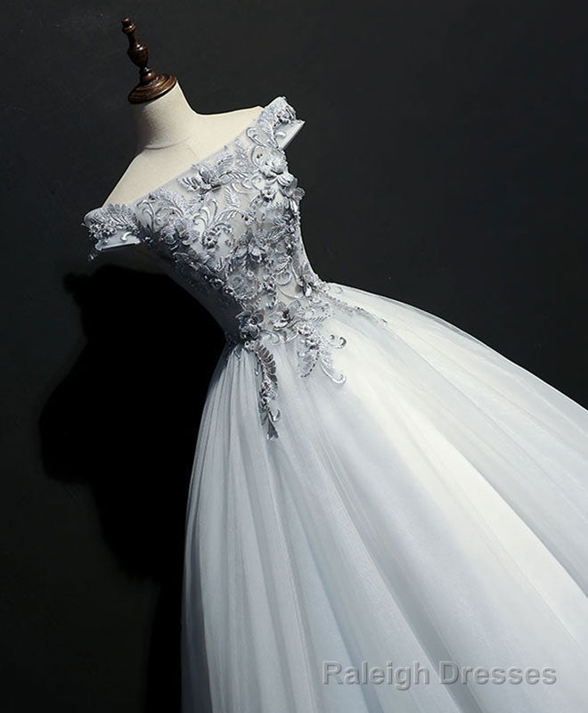 Gray Tulle Lace Off Shoulder Long Prom Gown Tulle Lace Evening Dress Secondary image