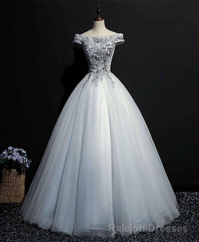 Gray Tulle Lace Off Shoulder Long Prom Gowns Tulle Lace Prom Dress