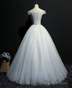 Gray Tulle Lace Off Shoulder Long Prom Gown Tulle Lace Evening Dress