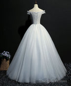 Gray Tulle Lace Off Shoulder Long Prom Gowns Tulle Lace Prom Dress