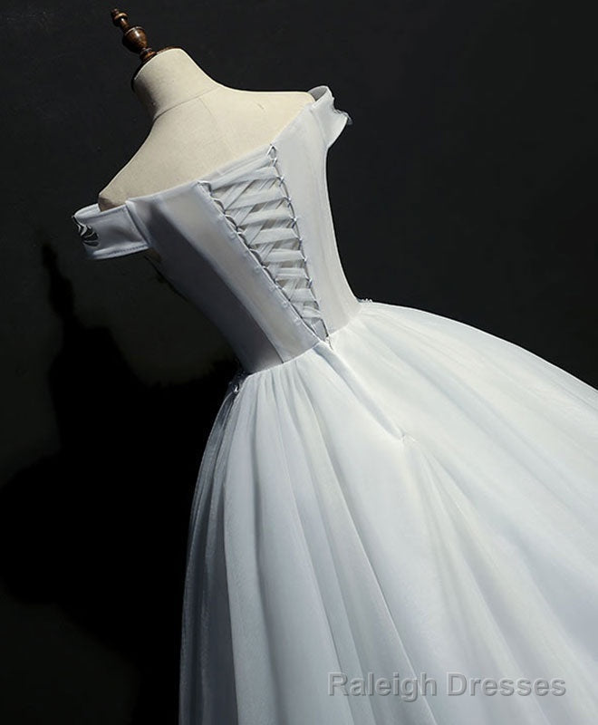 Gray Tulle Lace Off Shoulder Long Prom Gowns Tulle Lace Prom Dress