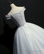 Gray Tulle Lace Off Shoulder Long Prom Gown Tulle Lace Evening Dress