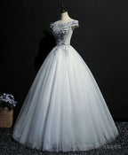 Gray Tulle Lace Off Shoulder Long Prom Gowns Tulle Lace Prom Dress