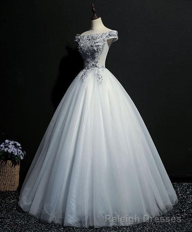 Gray Tulle Lace Off Shoulder Long Prom Gowns Tulle Lace Prom Dress