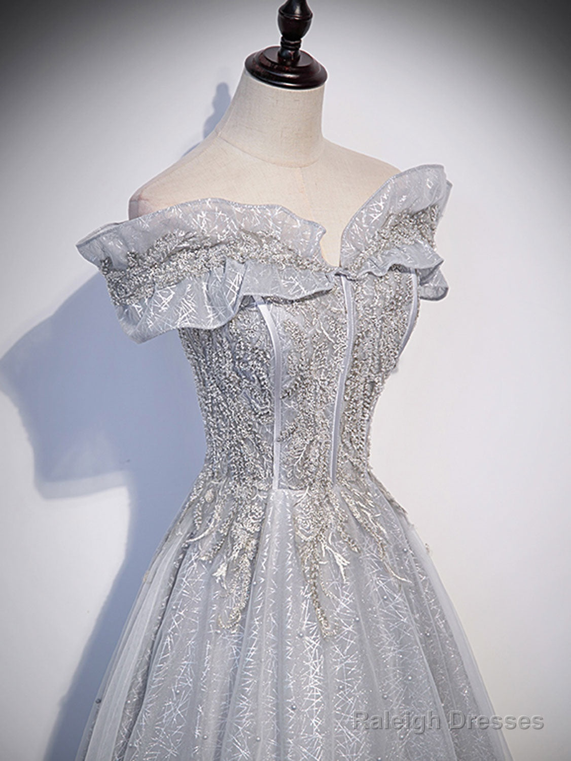 Gray Tulle Lace Sequin Long Prom Dress, Gray Tulle Formal Dress Secondary image