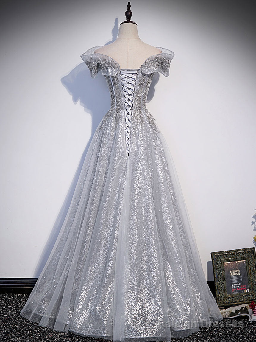 Gray Tulle Lace Sequin Long Prom Dress, Gray Tulle Formal Dress