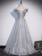 Gray Tulle Lace Sequin Long Prom Dresses Gray Tulle Prom Dresses