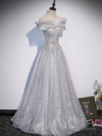 Gray Tulle Lace Sequin Long Prom Dress, Gray Tulle Formal Dress