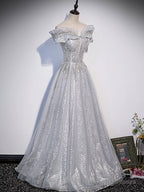 Gray Tulle Lace Sequin Long Prom Dresses Gray Tulle Prom Dresses