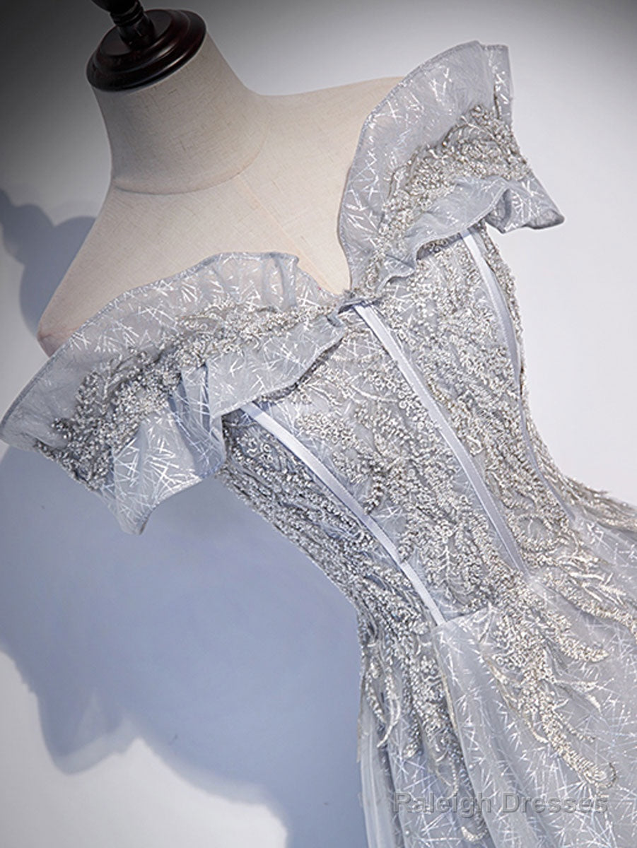 Gray Tulle Lace Sequin Long Prom Dress, Gray Tulle Formal Dress