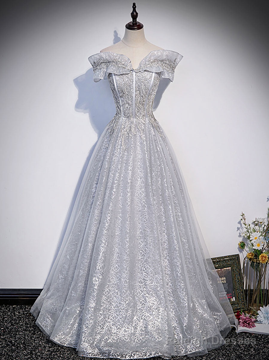 Gray Tulle Lace Sequin Long Prom Dress, Gray Tulle Formal Dress Main image