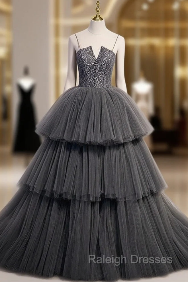 Gray Tulle Lace Spaghetti Straps Prom Dress Main image