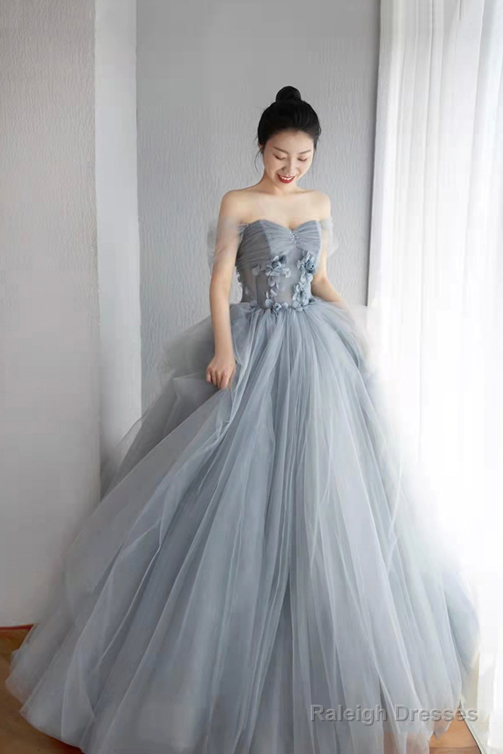 Gray Tulle Layers Long Prom Dress, A-Line Strapless Formal Evening Dress