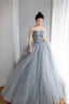 Gray Tulle Layers Long Prom Dress, A-Line Strapless Formal Evening Dress