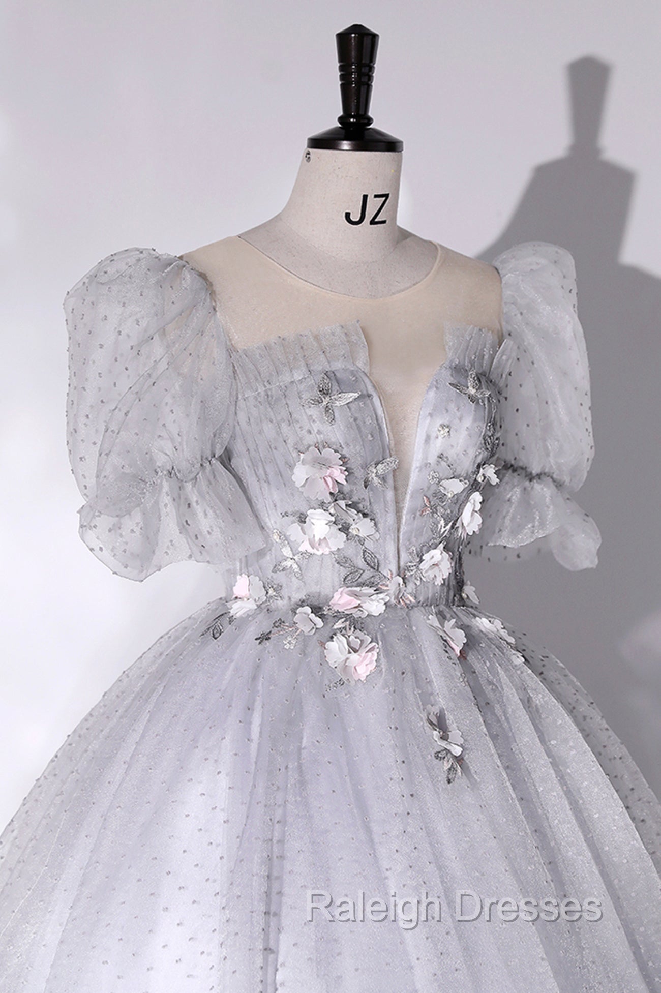Gray Tulle Long A Line Ball Gowns, Gray Short Sleeve Prom Gowns
