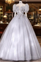 Gray Tulle Long A Line Ball Gowns, Gray Short Sleeve Prom Gowns