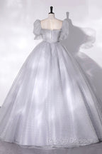 Gray Tulle Long A-Line Ball Gown, Gray Short Sleeve Evening Gown