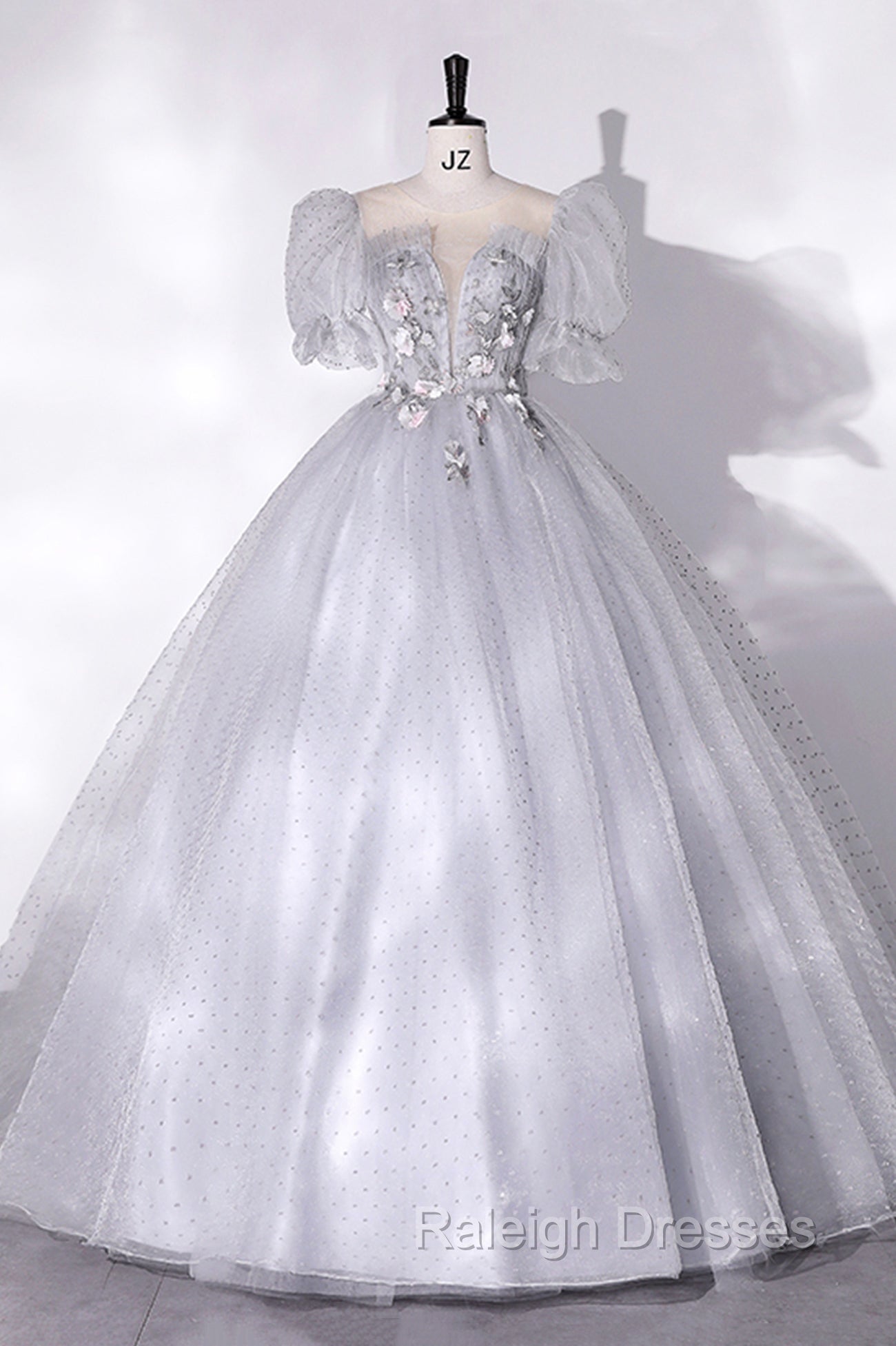 Gray Tulle Long A-Line Ball Gown, Gray Short Sleeve Evening Gown Main image