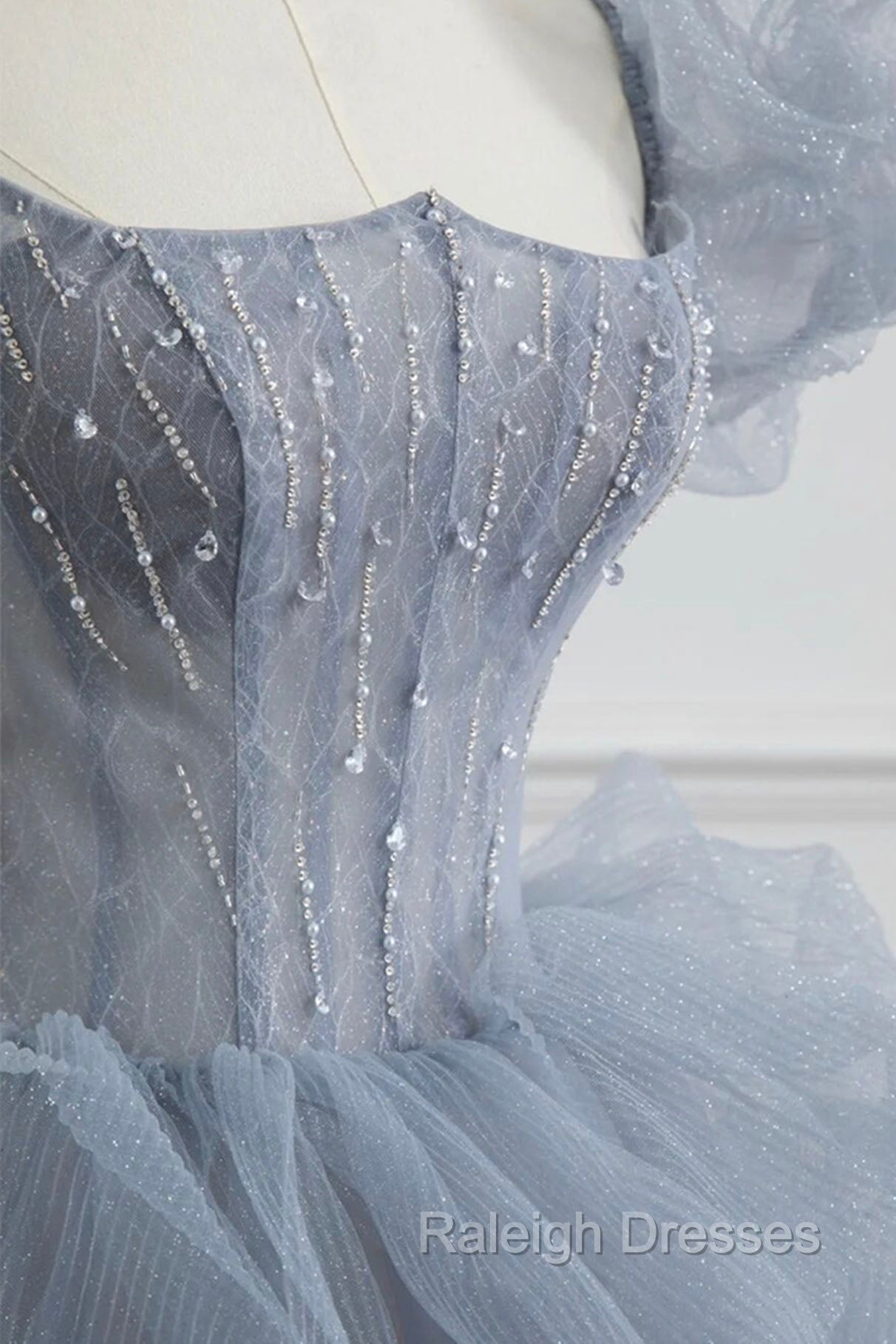 Gray Tulle Long A-Line Prom Dress, Gray Short Sleeve Evening Dress Secondary image