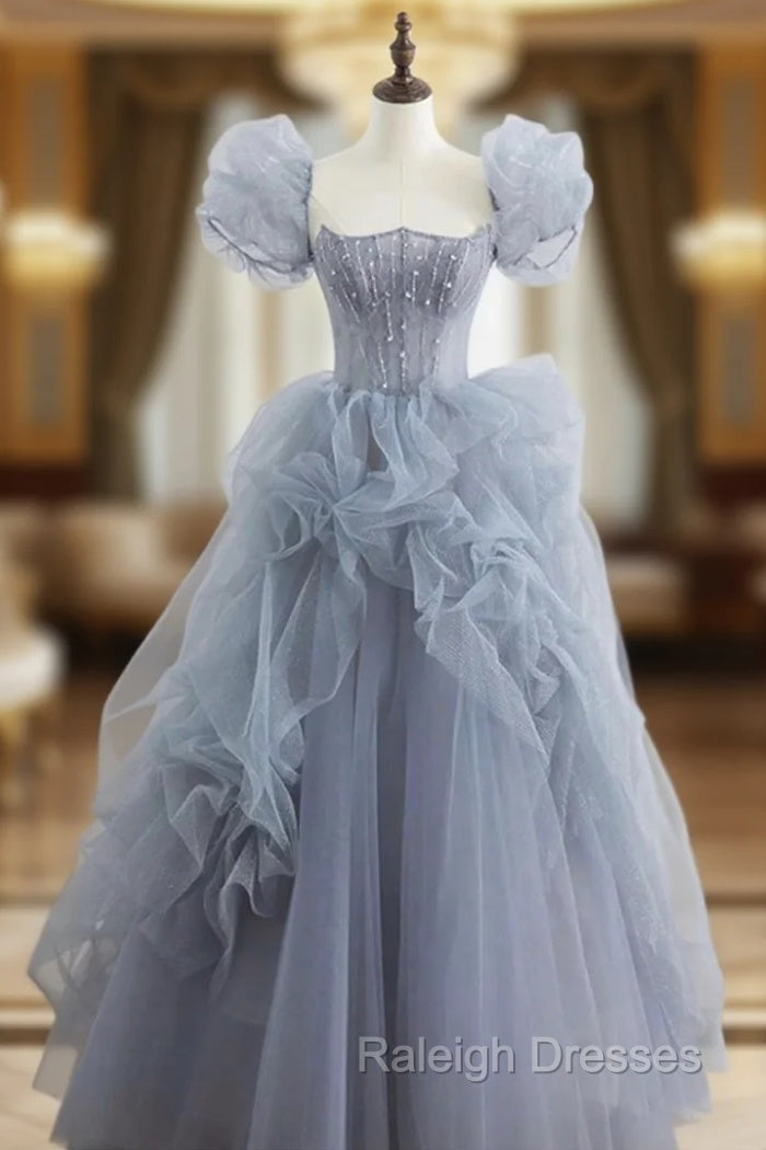 Gray Tulle Long A-Line Prom Dress, Gray Short Sleeve Evening Dress Main image