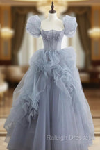 Gray Tulle Long A Line Prom Dresses Gray Short Sleeve Prom Dresses