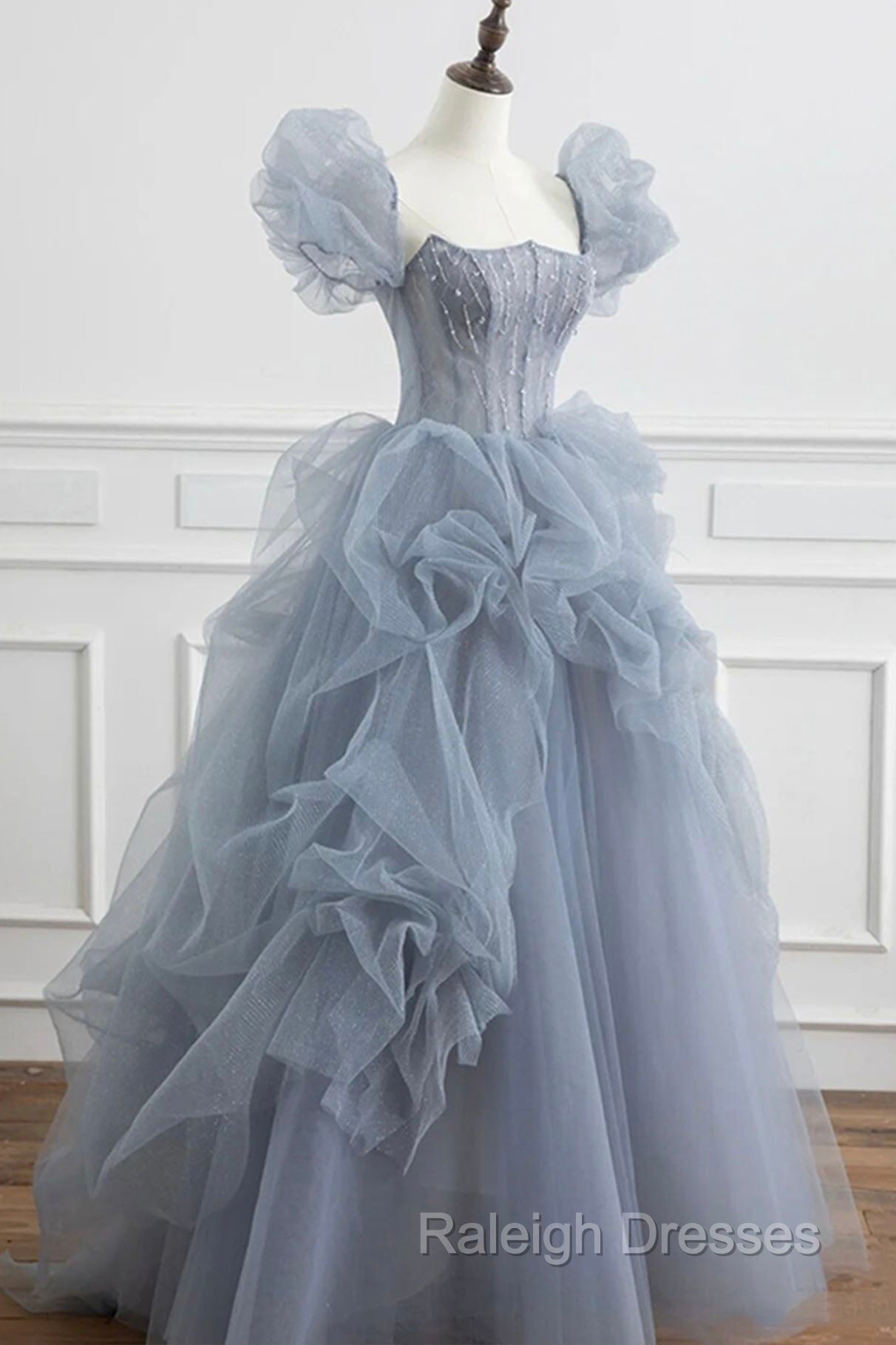 Gray Tulle Long A-Line Prom Dress, Gray Short Sleeve Evening Dress