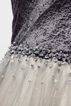 Gray Tulle Long A Line Prom Dress, V Neck Spaghetti Straps Prom Dress