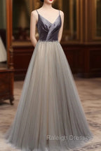 Gray Tulle Long A Line Prom Dress, V Neck Spaghetti Straps Prom Dress