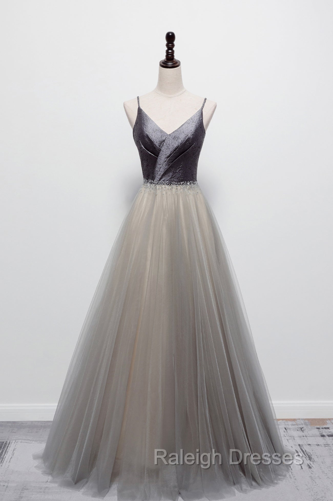 Gray Tulle Long A-Line Prom Dress, V-Neck Spaghetti Straps Evening Dress Main image