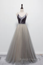 Gray Tulle Long A-Line Prom Dress, V-Neck Spaghetti Straps Evening Dress