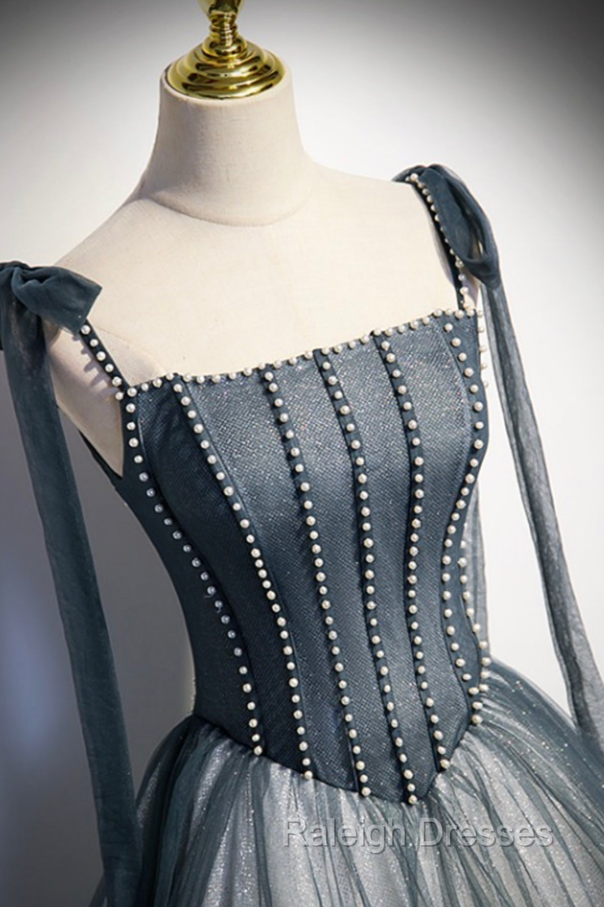 Gray Tulle Long A Line Prom Dresses with Beaded Spaghetti Straps Gray Prom Dresses