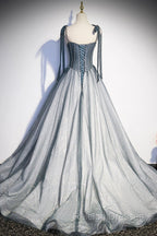 Gray Tulle Long A-Line Prom Dress with Beaded, Spaghetti Straps Gray Evening Dress