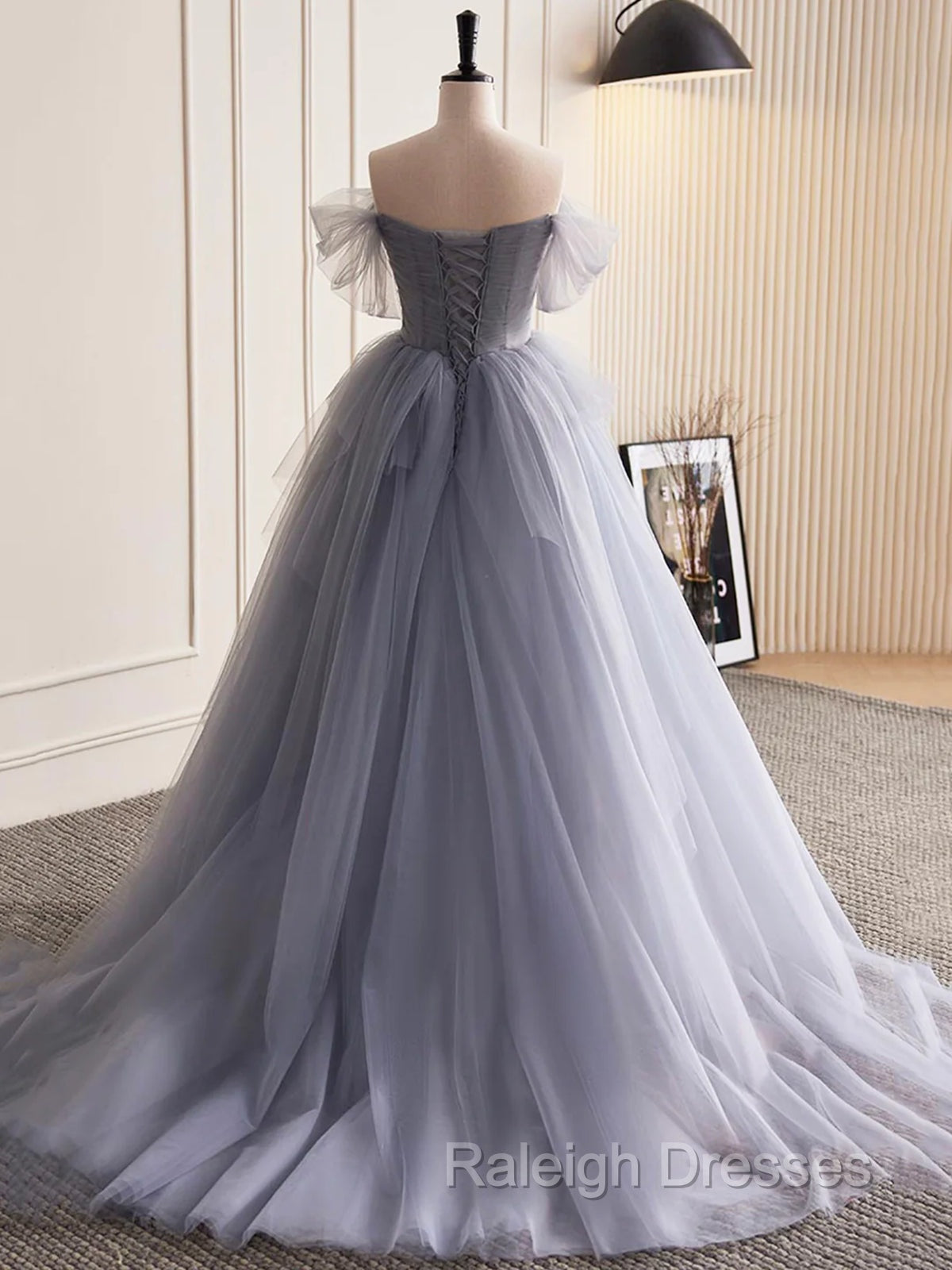 Gray Tulle Long Floral Prom Dress Gray Tulle Long Lace Prom Dress Secondary image