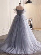Gray Tulle Long Floral Prom Dress Gray Tulle Long Lace Prom Dress