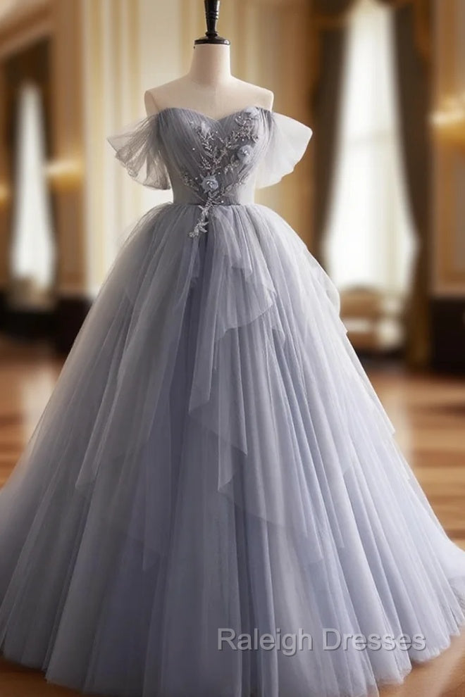 Gray Tulle Long Floral Prom Dress Gray Tulle Long Lace Prom Dress Main image