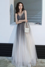 Gray Tulle Long Prom Dress, A-Line Backless Evening Dress
