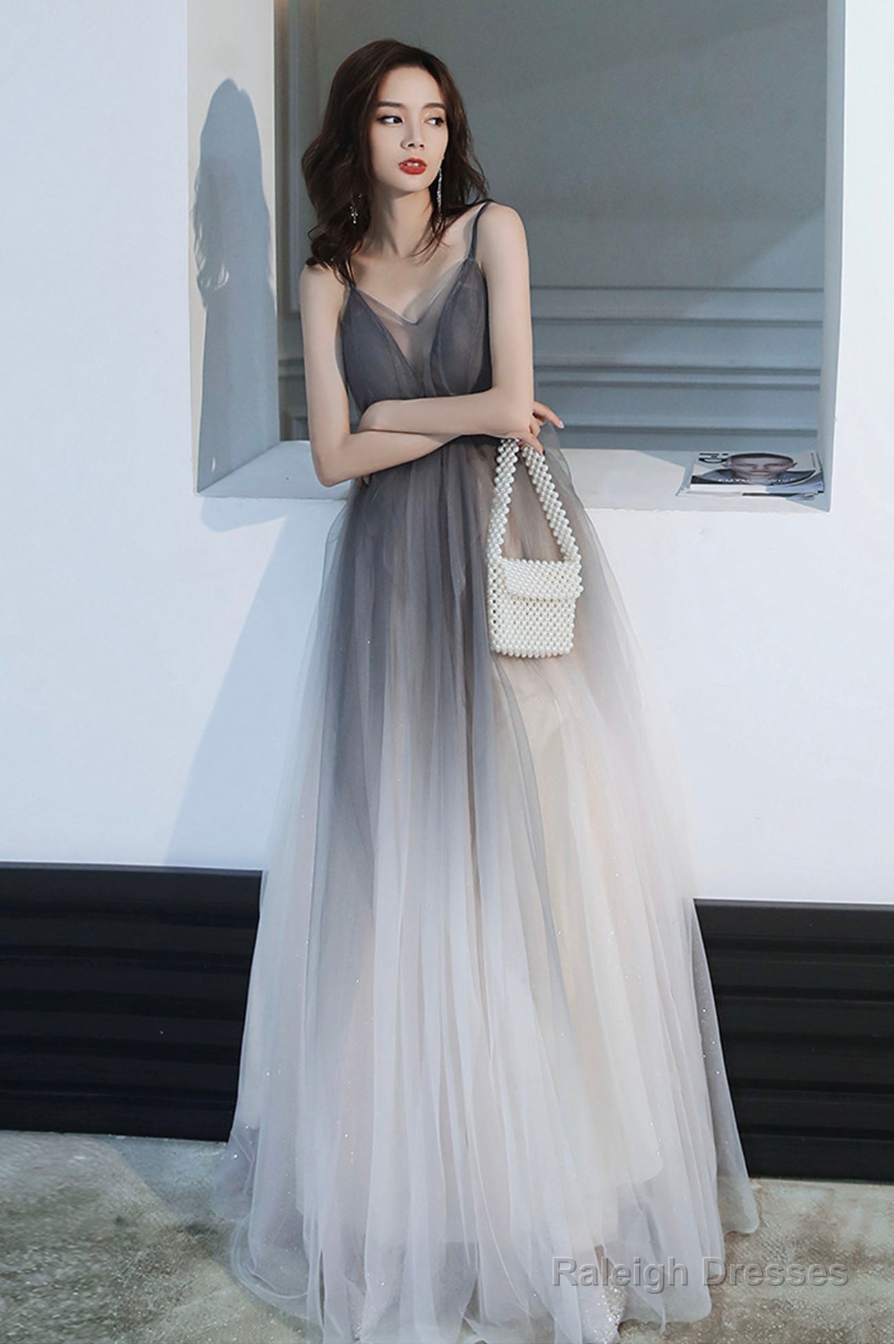 Gray Tulle Long Prom Dress, A-Line Backless Evening Dress