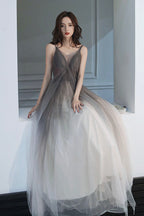 Gray Tulle Long Prom Dress, A-Line Backless Evening Dress