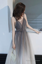 Gray Tulle Long Prom Dress, A-Line Backless Evening Dress