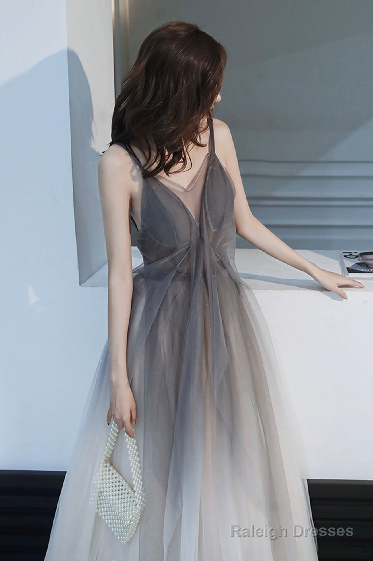 Gray Tulle Long Prom Dress, A-Line Backless Evening Dress