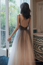 Gray Tulle Long Prom Dress, A-Line Backless Evening Dress